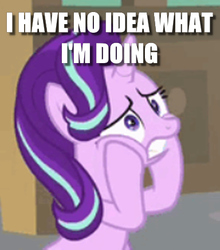 Size: 384x436 | Tagged: safe, edit, edited screencap, screencap, starlight glimmer, g4, the beginning of the end, caption, i have no idea what i'm doing, image macro, stressed, text