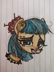 Size: 3456x4608 | Tagged: safe, artist:sharpi, coco pommel, earth pony, pony, g4, collar, ear piercing, eyebrow piercing, eyeshadow, fangs, female, hair ornament, lined paper, looking at you, makeup, mare, nose piercing, nose ring, piercing, solo, spiked collar, traditional art