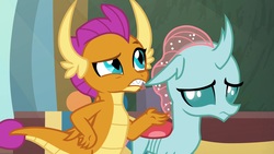 Size: 1920x1080 | Tagged: safe, screencap, ocellus, smolder, changedling, changeling, dragon, 2 4 6 greaaat, g4, claws, duo, fangs, folded wings, frown, hand on hip, horns, looking up, raised eyebrow, teenaged dragon, teenager, wings
