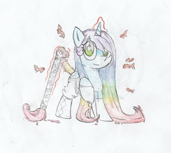Size: 3328x2980 | Tagged: safe, artist:foxtrot3, oc, oc only, oc:watercolor, pony, unicorn, artist, artsy pony, clothes, high res, magic, paintbrush, socks, solo, traditional art
