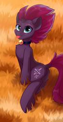 Size: 1400x2700 | Tagged: safe, artist:php97, fizzlepop berrytwist, tempest shadow, pony, g4, :p, bell, bell collar, broken horn, cat bell, chest fluff, collar, cute, dock, female, horn, human shoulders, sitting, solo, tempestbetes, tongue out, underhoof