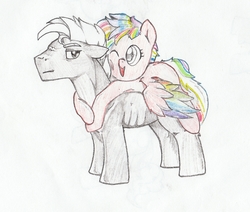 Size: 3019x2558 | Tagged: safe, artist:foxtrot3, oc, oc:chroma, oc:monochrome, pegasus, pony, artsy pony, chromatic, colorful, couple, dull, duo, high res, hug, mare and stallion, opposites attract, pair, traditional art