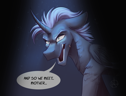 Size: 2621x2000 | Tagged: safe, artist:klarapl, oc, oc only, oc:panther, alicorn, pony, alicorn oc, dialogue, gift art, high res, next generation, open mouth, solo, speech bubble