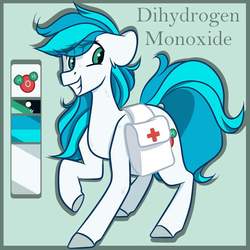 Size: 1024x1024 | Tagged: safe, artist:crimmharmony, oc, oc only, oc:dihydrogen monoxide, earth pony, pony, colored hooves, eye clipping through hair, grin, raised hoof, reference sheet, saddle bag, simple background, smiling, solo
