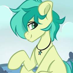 Size: 1024x1024 | Tagged: safe, artist:crimmharmony, sandbar, earth pony, pony, g4, cute, jewelry, looking at you, male, necklace, raised hoof, sandabetes, smiling, solo, teenager