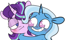 Size: 640x396 | Tagged: safe, artist:pinkiespresent, starlight glimmer, trixie, pony, unicorn, g4, curved horn, cute, female, horn, lesbian, mare, no pupils, ship:startrix, shipping, simple background, transparent background