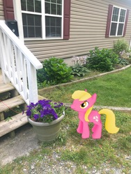 Size: 3024x4032 | Tagged: safe, gameloft, photographer:undeadponysoldier, lily, lily valley, earth pony, pony, g4, augmented reality, bush, female, flower, garden, house, irl, mare, photo, ponies in real life, porch, potted plant, solo