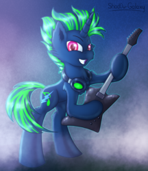 Size: 2250x2600 | Tagged: safe, artist:shad0w-galaxy, oc, oc only, pony, unicorn, commission, cutie mark, electric guitar, guitar, headphones, high res, male, musical instrument, rock (music), rocker, solo