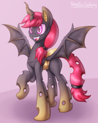 Size: 1750x2200 | Tagged: safe, artist:shad0w-galaxy, oc, oc only, oc:appletini, bat pony, changeling, hybrid, bat pony oc, changeling oc, commission, happy, open mouth, raised hoof, solo, yellow changeling