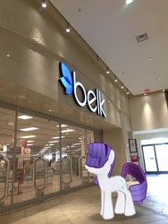 Size: 3024x4032 | Tagged: safe, gameloft, photographer:undeadponysoldier, rarity, pony, unicorn, g4, augmented reality, belk, exit sign, female, mall, mare, solo