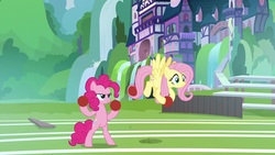 Size: 1920x1080 | Tagged: safe, screencap, fluttershy, pinkie pie, pony, 2 4 6 greaaat, g4, ball, bipedal