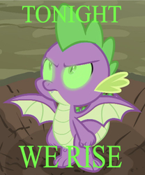 Size: 640x768 | Tagged: safe, edit, edited screencap, editor:undeadponysoldier, screencap, spike, dragon, g4, molt down, badass, fist, glowing eyes, green eyes, male, rise, skillet (band), solo, song reference, spread wings, text, winged spike, wings, word art