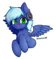 Size: 872x916 | Tagged: safe, artist:onionpwder, oc, oc only, oc:moonlight drop, pegasus, pony, blue coat, blue mane, cute, green eyes, headphones, simple background, solo, tongue out, white background, wings