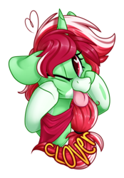 Size: 1418x2035 | Tagged: safe, artist:mulberrytarthorse, oc, oc only, oc:clover, pony, badge, bust, clover, female, heart, heart eyes, solo, tongue out, wingding eyes