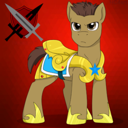 Size: 626x626 | Tagged: safe, artist:hc4art, oc, oc:shield inv, earth pony, pony, armor, brown eyes, brown mane, commission, cutie mark, male, red background, royal guard, royal guard armor, simple background, stallion, sword, weapon