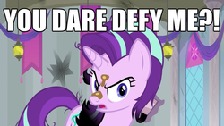 Size: 1845x1038 | Tagged: safe, edit, edited screencap, screencap, starlight glimmer, pony, unicorn, a horse shoe-in, g4, season 9, angry, burnt mane, female, frollo, mud, text edit, the hunchback of notre dame, this will end in gulag