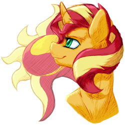 Size: 894x893 | Tagged: safe, artist:thatonegib, sunset shimmer, pony, unicorn, g4, bust, cutie mark, cutie mark background, female, looking away, looking up, mare, multicolored hair, portrait, signature, simple background, smiling, solo, transparent background