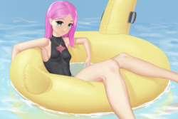 Size: 2880x1920 | Tagged: safe, artist:amarthgul, fluttershy, human, g4, armpits, breasts, clothes, female, floating, floaty, geode of fauna, humanized, inflatable, inflatable toy, inner tube, jewelry, legs, looking at you, magical geodes, necklace, pool toy, solo, summer, swimsuit, water, wet hair