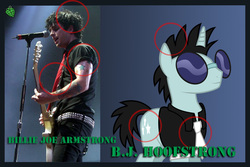 Size: 798x534 | Tagged: safe, neon lights, rising star, human, pony, unicorn, g4, billie joe armstrong, circle, clothes, green day, green day logo, guitar, irl, irl human, male, microphone, musical instrument, necktie, photo, pun, punny name, stallion, sunglasses, tattoo