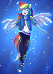 Size: 1736x2412 | Tagged: safe, artist:tigra0118, rainbow dash, equestria girls, equestria girls series, g4, run to break free, spoiler:eqg series (season 2), blue background, clothes, cute, dashabetes, eyes closed, female, flying, geode of super speed, jacket, jumping, leggings, magical geodes, pants, ponied up, shoes, simple background, singing, sneakers, solo, wings