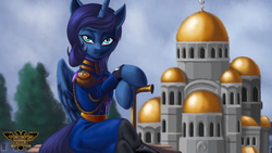 Size: 3840x2160 | Tagged: safe, artist:tsaritsaluna, princess luna, alicorn, pony, g4, bench, boots, cane, church, clothes, female, high res, looking at you, russia, shoes, sitting, solo, tree, uniform