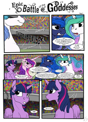 Size: 2491x3434 | Tagged: safe, artist:lupiarts, artist:snoopystallion, princess cadance, princess celestia, princess luna, twilight sparkle, alicorn, pony, comic:epic battle of the goddesses, g4, burping contest, clapping, clapping ponies, collaboration, comic, competition, expressions, floppy ears, funny, high res, majestic as fuck, royal sisters, twilight sparkle (alicorn)