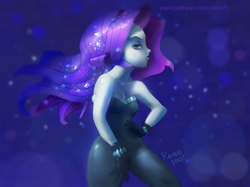 Size: 995x746 | Tagged: safe, artist:grissaecrim, rarity, equestria girls, g4, my little pony equestria girls: better together, the other side, bare shoulders, clothes, female, gloves, jojo pose, music video, pose, profile, scene interpretation, solo, unitard