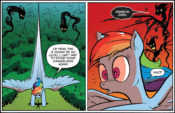 Size: 1052x683 | Tagged: safe, artist:andy price, idw, official comic, nightshade, rainbow dash, pegasus, pony, g4, spoiler:guardians of harmony, comic, female, flying, forest, guardians of harmony, mare, shadowbolts, speech bubble, too dumb to live, toy