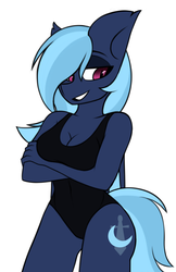 Size: 1100x1700 | Tagged: safe, artist:rinteen, oc, oc only, oc:midnight harmony, bat pony, anthro, bat pony oc, black swimsuit, breasts, cleavage, clothes, crossed arms, female, one-piece swimsuit, simple background, slit pupils, solo, swimsuit, white background