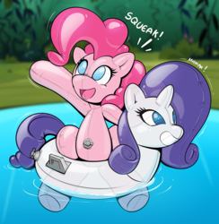 Size: 1052x1080 | Tagged: safe, artist:redflare500, pinkie pie, rarity, balloon pony, earth pony, inflatable pony, pony, pooltoy pony, unicorn, g4, air nozzle, floaty, forced smile, grin, inanimate tf, inflatable, inner tube, muffled words, pool toy, smiling, squeak, transformation