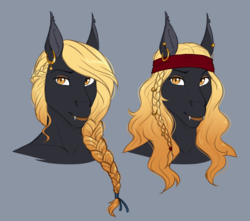 Size: 2776x2454 | Tagged: safe, artist:askbubblelee, oc, oc only, oc:regina liliac, bat pony, anthro, unguligrade anthro, anthro oc, bat pony oc, braid, braided ponytail, ear piercing, earring, fangs, female, hair braid, hair braiding, hair jewelry, hairring, hairrings, high res, jewelry, mare, piercing, pirate, simple background, smiling, solo