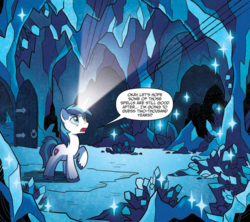 Size: 1166x1036 | Tagged: safe, artist:tonyfleecs, official comic, shining armor, pony, unicorn, g4, idw, spoiler:guardians of harmony, cave, crystal, glowing horn, guardians of harmony, horn, male, raised hoof, speech bubble, stallion