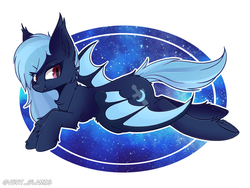 Size: 1000x750 | Tagged: safe, artist:vert_glamis, derpibooru exclusive, oc, oc only, oc:midnight harmony, bat pony, pony, bat pony oc, cute, cute little fangs, fangs, female, flying, mare, simple background, solo