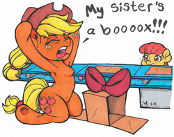 Size: 1850x1464 | Tagged: safe, artist:latecustomer, apple bloom, applejack, earth pony, pony, g4, anatomically incorrect, armpits, bow, cardboard box, chest fluff, conveyor belt, female, filly, incorrect leg anatomy, kneeling, male, mare, prank, siblings, silly, silly pony, simpsons did it, sisters, smiling, the simpsons, traditional art, who's a silly pony, yelling