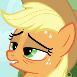 Size: 500x500 | Tagged: safe, screencap, applejack, earth pony, pony, g4, the super speedy cider squeezy 6000, cropped, female, lip bite, mare, out of context, solo, sweat
