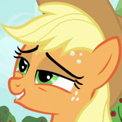 Size: 500x500 | Tagged: safe, screencap, applejack, earth pony, pony, g4, the super speedy cider squeezy 6000, cropped, female, lip bite, mare, solo, sweat