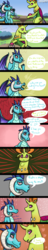 Size: 1200x6238 | Tagged: safe, artist:azurllinate, princess ember, thorax, changedling, changeling, dragon, g4, admitting feelings, blushing, blushing profusely, bush, changeling x dragon, chewing, closeup on the face, comic, conversation, cupcake, disappointed, dragoness, eating, embarrassed, female, food, heartbeat, interspecies, king thorax, looking at each other, looking away, love, lunch, male, royalty, ship:embrax, shipping, sitting, sitting at table, speech, speech bubble, straight, swallowing, talking with your mouth full, walking, yelling