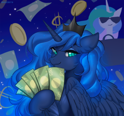 Size: 1063x1000 | Tagged: safe, artist:margony, princess celestia, princess luna, alicorn, pony, g4, female, horn, mare, money, royal sisters, siblings, sisters, smiling, smirk, solo focus, sunglasses, wings