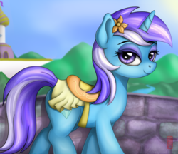 Size: 2640x2285 | Tagged: safe, artist:celsian, diamond mint, pony, unicorn, g4, background pony, canterlot, clothes, eyeshadow, female, flower, flower in hair, high res, lidded eyes, looking at you, makeup, mare, saddle, signature, smiling, solo, tack