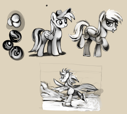 Size: 3102x2784 | Tagged: safe, artist:gsphere, derpy hooves, pegasus, pony, g4, female, hat, high res, ice skates, ice skating, lidded eyes, looking at you, mailmare hat, mare, monochrome, raised hoof, sketch, sketch dump, solo, tongue out
