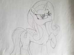 Size: 2016x1512 | Tagged: safe, artist:straighttothepointstudio, oc, oc only, oc:pepto, alicorn, pony, black and white, determined, drawing, glasses, grayscale, monochrome, solo, traditional art