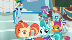 Size: 1280x720 | Tagged: safe, screencap, lighthoof, ocellus, rainbow dash, shimmy shake, smolder, snips, changedling, changeling, dragon, earth pony, pegasus, pony, unicorn, 2 4 6 greaaat, g4, bucktooth, cheerleader, cheerleader ocellus, cheerleader outfit, cheerleader smolder, clothes, coach, coach rainbow dash, coaching cap, colt, confused, curved horn, cute, diaocelles, dragoness, face paint, female, horn, horns, lightorable, male, mare, narrowed eyes, ponytail, shakeabetes, slit pupils, smolderbetes, teacher and student, teenaged dragon, teenager, upset, whistle, whistle necklace