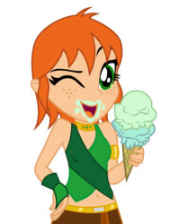 Size: 792x994 | Tagged: safe, artist:lhenao, oc, oc:chrystine mirage, changeling, human, hybrid, equestria girls, g4, belly button, bracelet, clone, clothes, collar, food, freckles, gloves, green eyes, happy, ice cream, jewelry, messy eating, midriff, one eye closed, orange hair, shirt, short hair, skirt, t-shirt, wink