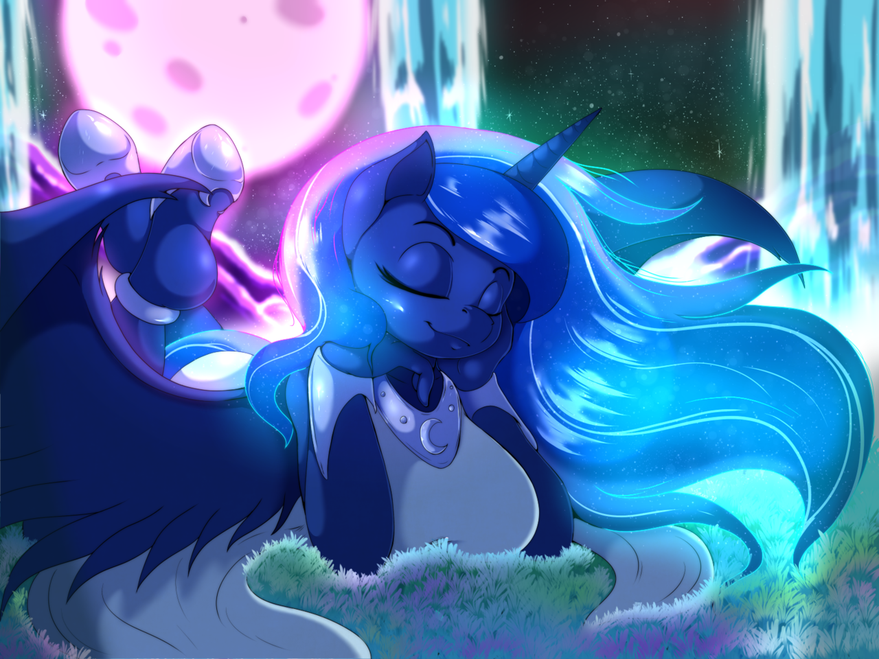 2117459 - safe, artist:suirano, princess luna, alicorn, anthro, unguligrade  anthro, g4, breasts, busty princess luna, cute, dream, eyes closed, female,  hoof shoes, luminescent, luna's dream, lunabetes, smiling, solo, surreal,  sweet dreams fuel -