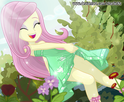 Size: 785x644 | Tagged: safe, artist:charliexe, fluttershy, equestria girls, g4, my little pony equestria girls: better together, street chic, :d, adorasexy, beautiful, beautisexy, clothes, crepuscular rays, cute, daaaaaaaaaaaw, dress, dress interior, eyes closed, eyeshadow, female, flower, legs, makeup, schrödinger's pantsu, sexy, shyabetes, sleeveless, solo, thighs