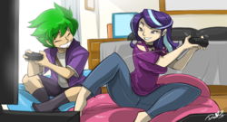 Size: 2405x1299 | Tagged: safe, artist:shonuff44, spike, starlight glimmer, human, g4, barefoot, black socks, clothes, commission, female, human spike, humanized, male, smiling, socks, video game