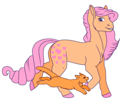 Size: 670x560 | Tagged: safe, artist:guidomista, derpibooru exclusive, peachy, twinkles, cat, earth pony, pony, g1, blue eyes, curly tail, cute, female, food, full body, g1 peachybetes, looking at each other, looking down, mare, orange, pet, pink, simple background, smiling, solo, transparent background, twinklebetes, walking