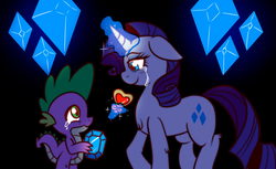 Size: 2048x1255 | Tagged: safe, artist:ebonyinkstone, rarity, spike, dragon, pony, unicorn, g4, crying, female, glowing horn, horn, levitation, looking at each other, magic, male, ship:sparity, shipping, straight, telekinesis