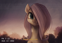 Size: 1600x1100 | Tagged: safe, artist:ventious, fluttershy, pegasus, pony, g4, dialogue, female, hair over one eye, looking at you, mare, scan lines, scenery, solo, speech, subtitles, talking, timestamp, vhs
