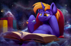 Size: 2500x1617 | Tagged: safe, artist:tsitra360, oc, oc:aether lux, oc:snap fable, pony, unicorn, book, chubby, cook book, cosmic wizard, desk, giga giant, macro, macro/micro, male, micro, planet, pony bigger than a galaxy, pony bigger than a planet, pony bigger than a solar system, pony bigger than a star, pony bigger than a universe, pony heavier than a black hole, reading, sitting, size difference, space, sparkly eyes, stallion, stars, wizard